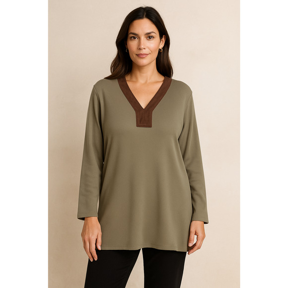 Ralph Lauren Olive Green Cotton Suede Trim Tunic Top XL Classic Preppy Heritage - Picture 1 of 10